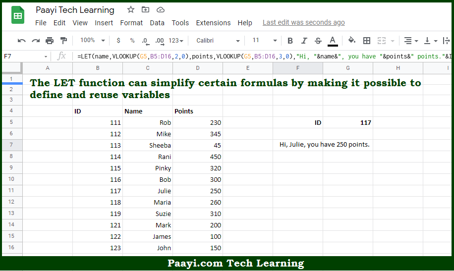 Detailed LET Function Example in Google Sheets | Paayi