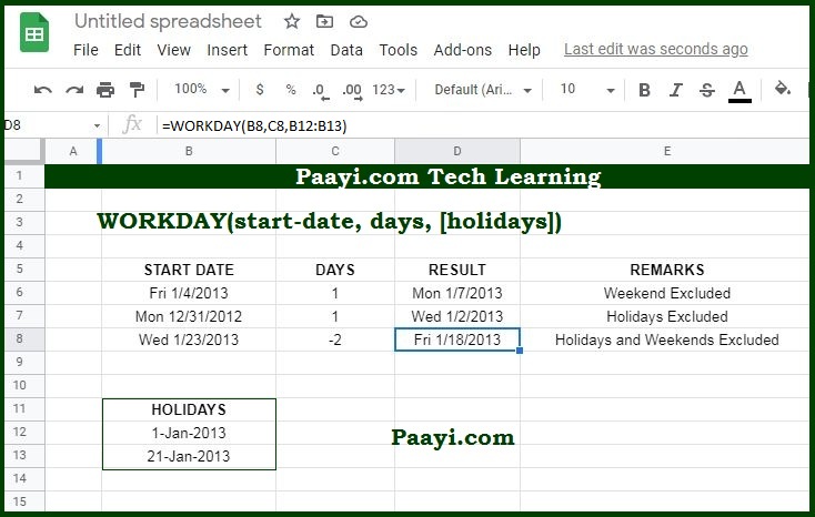 learn how to use google sheets workday function paayi tech