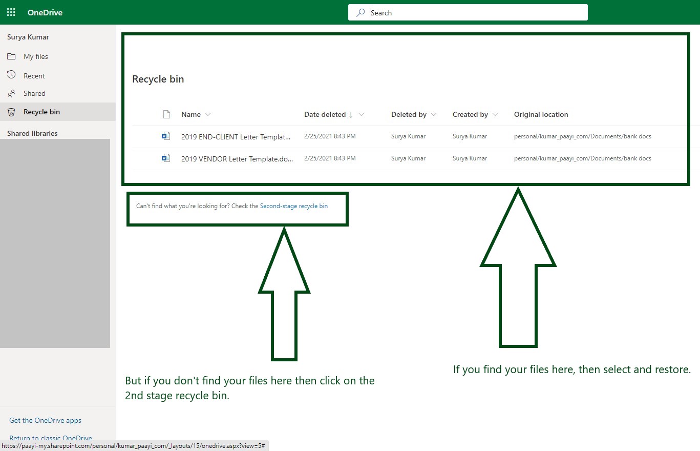 Restore items from the recycle bin that were deleted from OneDrive